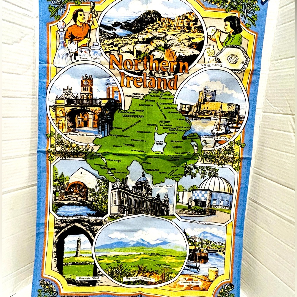Northern Ireland Souvenir Tea Towel Wall Hanging Vintage Linen Cotton